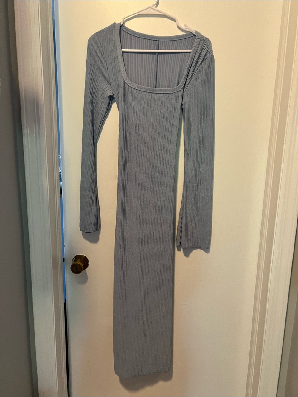 Amazon Ribbed Long Sleeve Square Neck Maxi Dress - Light Blue Gray
